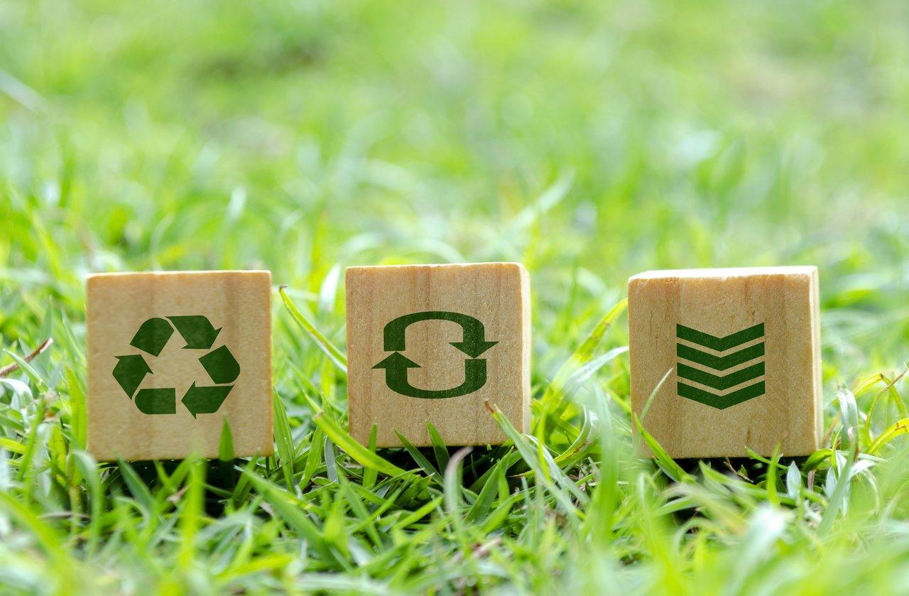 Matériaux d'impression durables illustrés par des cubes en bois et icônes écologiques sur un fond d'herbe.